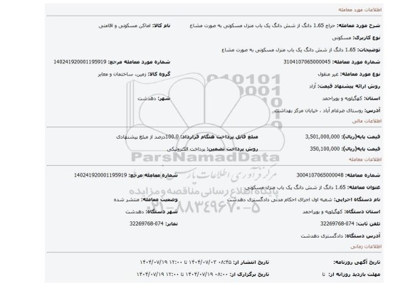 مزایده، 1.65 دانگ از شش دانگ یک باب منزل مسکونی به صورت مشاع