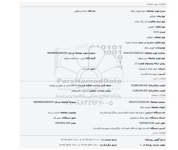 مزایده، فروش ملک