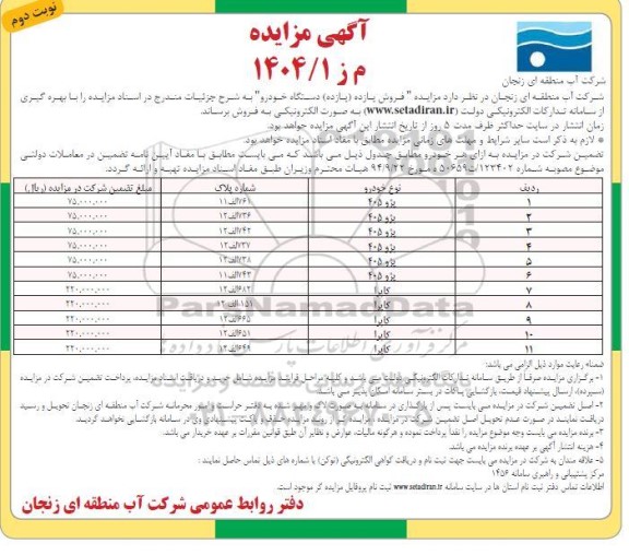 مزایده فروش 11 (یازده) دستگاه خودرو - نوبت دوم