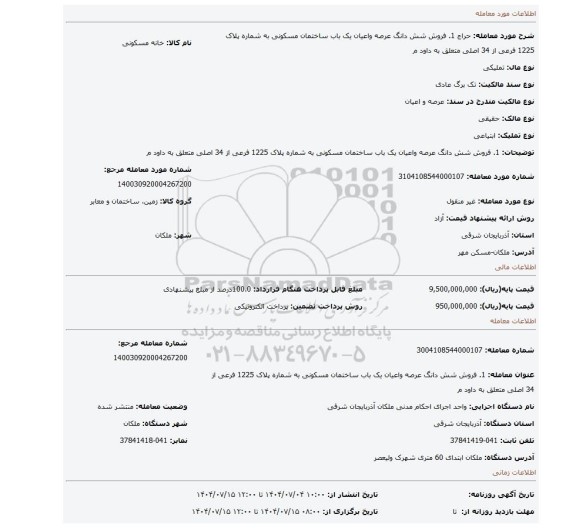 مزایده، 1.	فروش شش دانگ عرصه واعیان یک باب ساختمان مسکونی به شماره پلاک 1225 فرعی از 34 اصلی متعلق به داود م