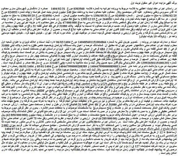 مزایده پلاک 31080 فرعی 48 اصلی قطعه 31 واقع در طبقه چهارم بخش 11 حوزه ثبتی لویزان 