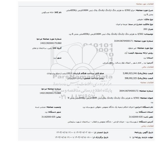 مزایده، 0/502 ده هزارم دانگ از2دانگ از6دانگ پلاک ثبتی 10694فرعی از6556اصلی بخش 8 یزد