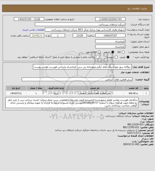 استعلام  دوگانه سوز نمودن دیگ های آبگرم موتورخانه پی سی کرمانشاه براساس فهرست مقادیر پیوست