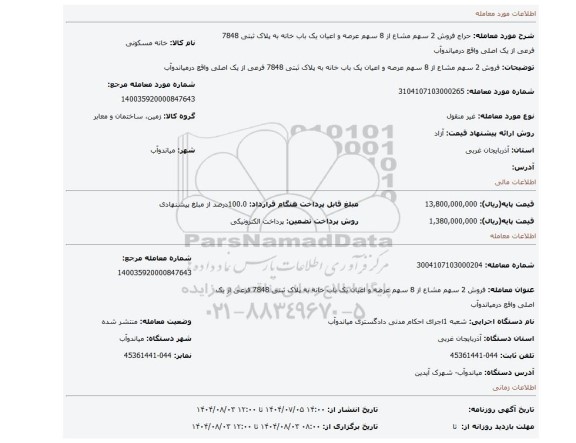 مزایده، فروش 2 سهم مشاع از 8 سهم  عرصه و اعیان یک باب خانه به پلاک ثبتی 7848 فرعی از یک اصلی واقع درمیاندوآب