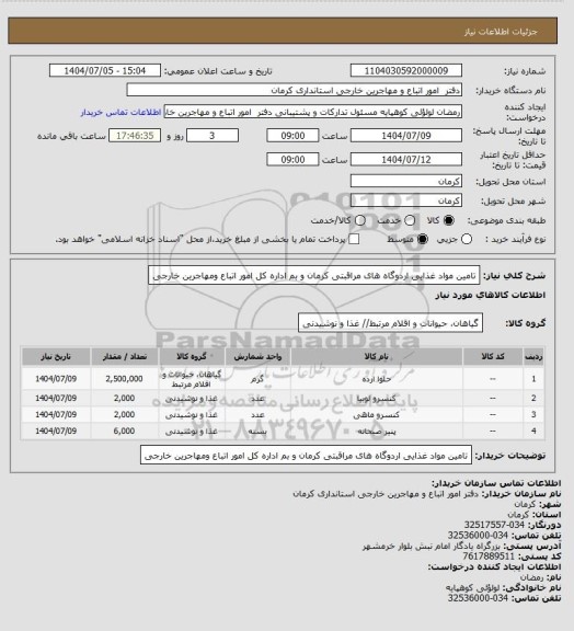 استعلام تامین مواد غذایی اردوگاه های مراقبتی کرمان و بم اداره کل امور اتباع ومهاجرین خارجی