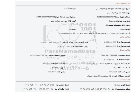 مزایده، ملک ورثه ابوالحسنی