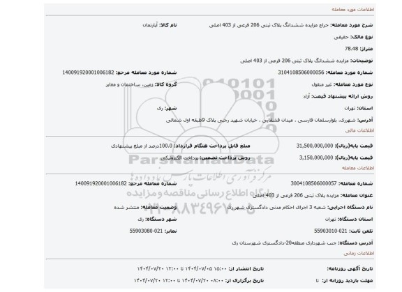 مزایده، مزایده ششدانگ پلاک ثبتی 206 فرعی از 403 اصلی