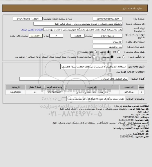 استعلام استعلام امور راهبری و تاسیسات نیروهای حجمی شبکه ماهشهر