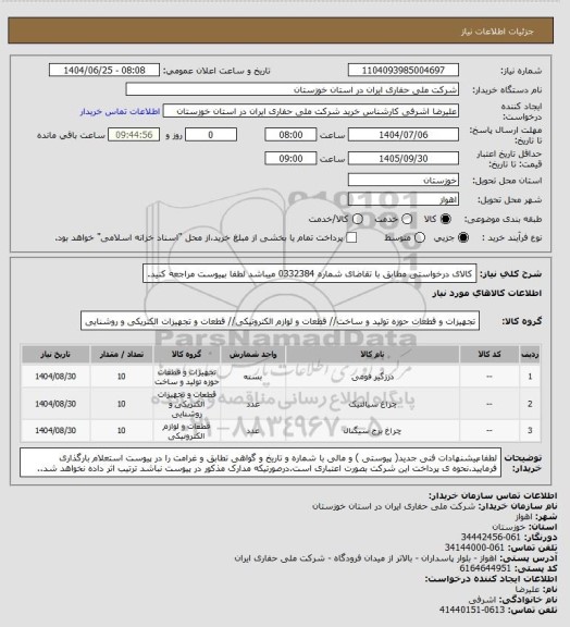 استعلام کالای درخواستی مطابق با تقاضای شماره 0332384     میباشد لطفا بپیوست مراجعه کنید.