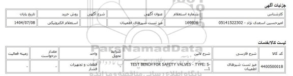 استعلام الکترونیکی، میز تست شیرهای اطمینان