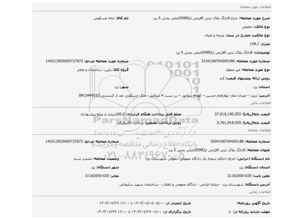 مزایده، 6دانگ پلاک ثبتی 0فرعی از20992اصلی بخش 5 یزد