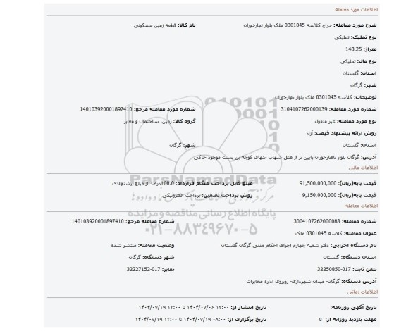 مزایده، کلاسه 0301045 ملک بلوار نهارخوران