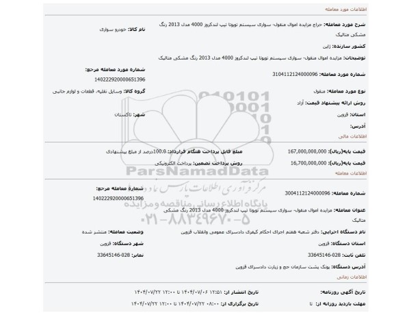 مزایده، مزایده اموال منقول- سواری سیستم تویوتا تیپ لندکروز 4000 مدل 2013 رنگ مشکی متالیک