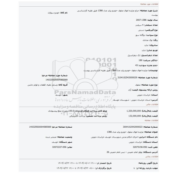 مزایده، مزایده اموال منقول -خودرو پراید مدل 1386 طبق نظریه کارشناسی پیوست