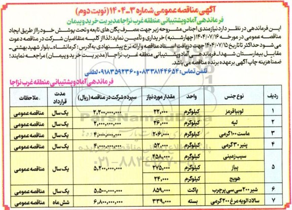 مناقصه خرید لوبیا قرمز ، لپه ....- نوبت دوم