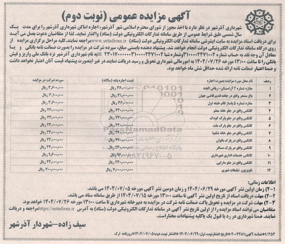 مزایده اجاره اماکن شهرداری  - نوبت دوم