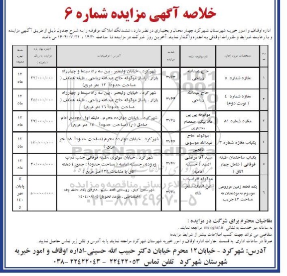 مزایده اجاره ششدانگ املاک موقوفه 