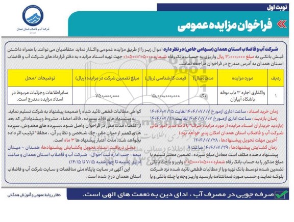مزایده واگذاری اجاره 3 باب بوفه باشگاه آبیاران