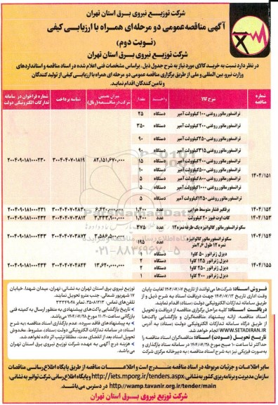 مناقصه خرید ترانسفورماتور روغنی  100 کیلوولت آمپر .... نوبت دوم 