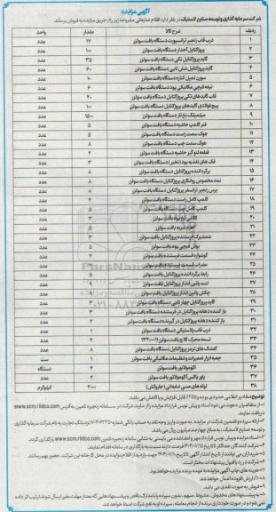 مزایده فروش اقلام ضایعاتی، درب قاب زنجیر ترانسپورت دستگاه بافت سولزر...