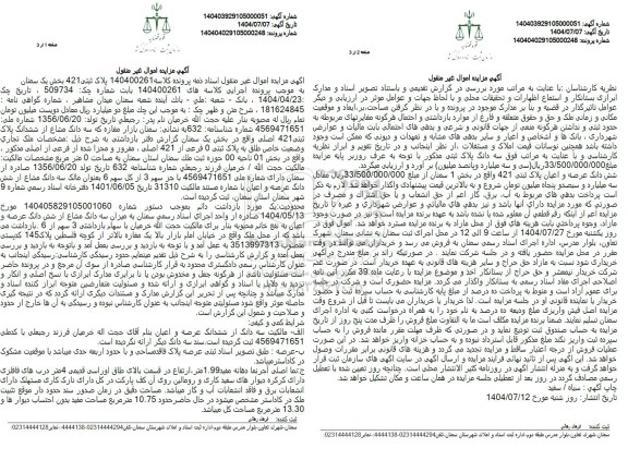 مزایده سه دانگ مشاع از ششدانگ مغازه تحت پلاک تبتی 421 اصلی واقع در بخش یک 