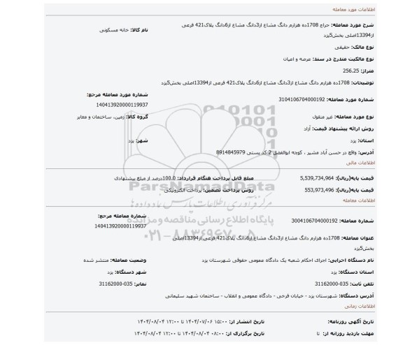 مزایده، 1708ده هزارم دانگ مشاع از3دانگ مشاع از6دانگ پلاک421 فرعی از13394اصلی بخش5یزد
