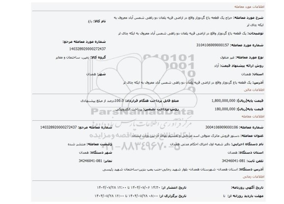 مزایده، یک قطعه باغ گردوزار واقع در اراضی قریه یلفان دو راهی شمس آباد معروف به ایکه چای لر