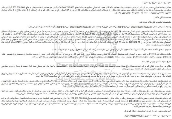 مزایده ششدانگ یک قطعه زمین با بنای احداثی به مساحت 3406.78 مترمربع قطعه 12 پلاک 199 فرعی از شماره 87 اصلی مفروز و مجزی شده از شماره 24 فرعی از اصلی