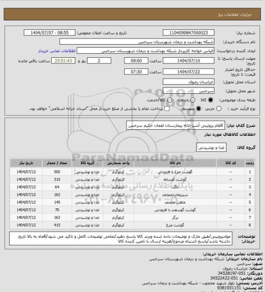 استعلام آقلام پروتینی آشپزخانه بیمارستان لقمان حکیم سرخس