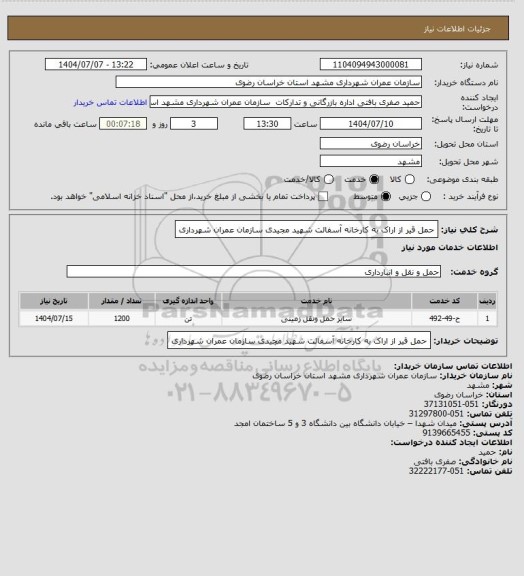استعلام حمل قیر از اراک به کارخانه آسفالت شهید مجیدی سازمان عمران شهرداری
