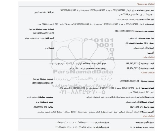 مزایده، فروش 399/345/972 سهم از 10/694/444/000 سهم مشاع از 55/000/000/000 سهم پلاک ثبتی 241 فرعی از 5768 اصل