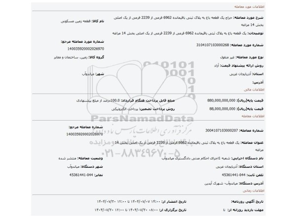 مزایده، یک قطعه باغ به پلاک ثبتی باقیمانده 6962 فرعی از 2239 فرعی از یک اصلی بخش 14 مراغه