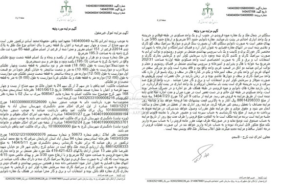 مزایده دو سهم مشاع از بیست و چهار سهم عرصه و اعیان یک قطعه زمین