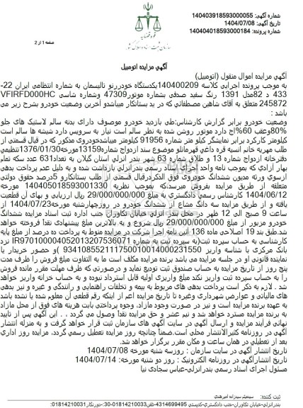 مزایده یکدستگاه خودر رنو تالیسمان 