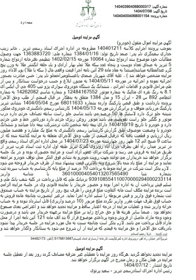 مزایده ششدانگ یک دستگاه خودروی سواری پژو تیپ 405