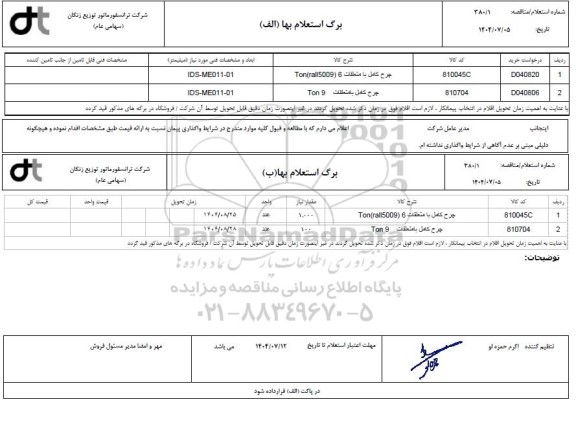 استعلام، مناقصه چرخ کامل با متعلقات  6 Ton (rall5009)...