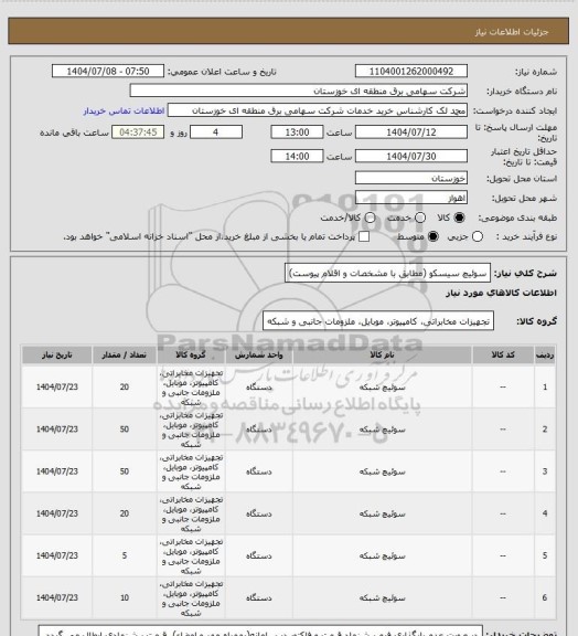 استعلام سوئیچ سیسکو (مطابق با مشخصات و اقلام پیوست)