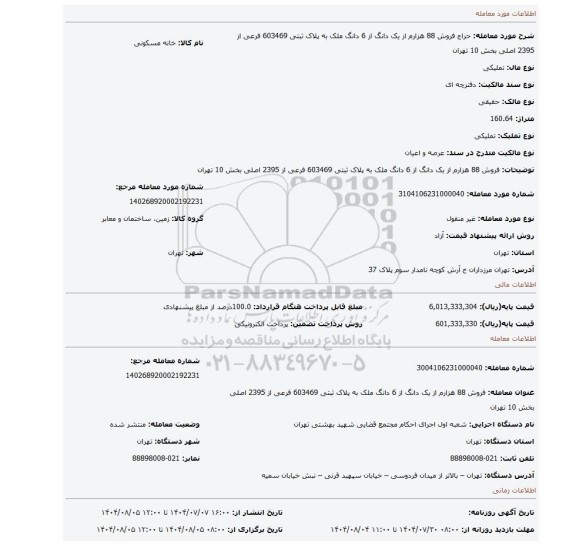 مزایده، فروش 88 هزارم از یک دانگ از 6 دانگ ملک به پلاک ثبتی 603469 فرعی از 2395 اصلی بخش 10 تهران
