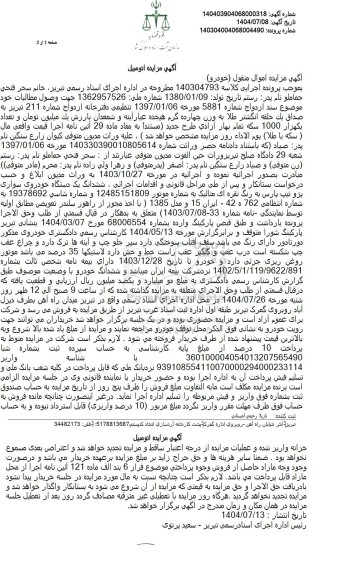 مزایده ششدانگ یک دستگاه خودروی سواری پژو تیپ پارس به رنگ نقره ای متالیک 