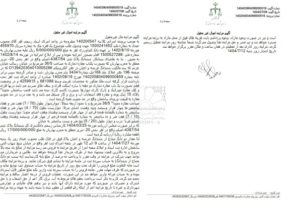 مزایده مقدار دو دانگ مشاع از ششدانگ عرصه و اعیان ملک 