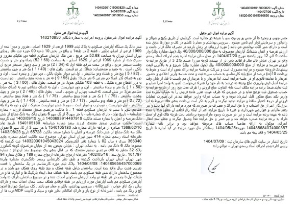 مزایده شش دانگ یک دستگاه آپارتمان مسکونی به پلاک ثبتی 1999 فرعی