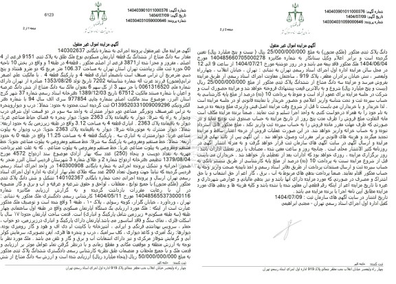 مزایده مقدار سه دانگ مشاع از ششدانگ یک قطعه آپارتمان مسکونی