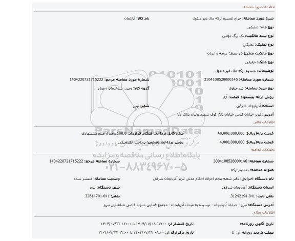 مزایده، تقسیم ترکه مال غیر منقول