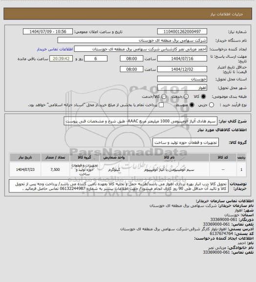 استعلام سیم هادی آلیاژ آلومینیومی 1000 میلیمتر مربع AAAC- طبق شرح و مشخصات فنی پیوست