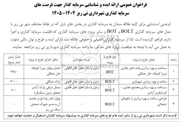 فراخوان عمومی ارائه ایده و شناسایی سرمایه گذار جهت فرصت های سرمایه گذاری