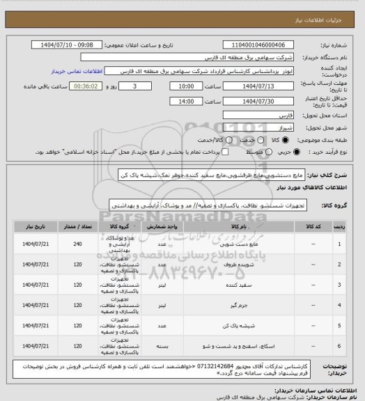 استعلام مایع دستشویی،مایع ظرفشویی،مایع سفید کننده،جوهر نمک،شیشه پاک کن