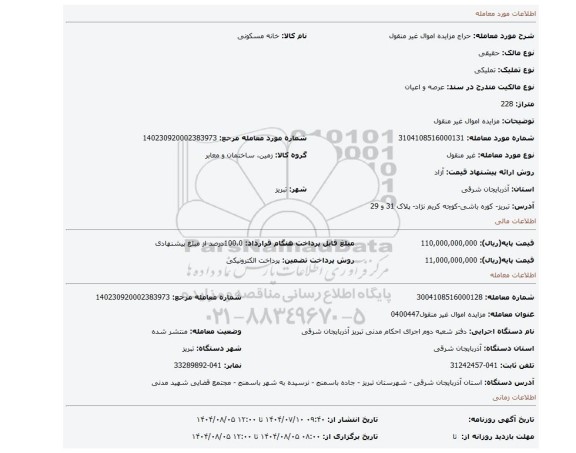 مزایده، مزایده اموال غیر منقول