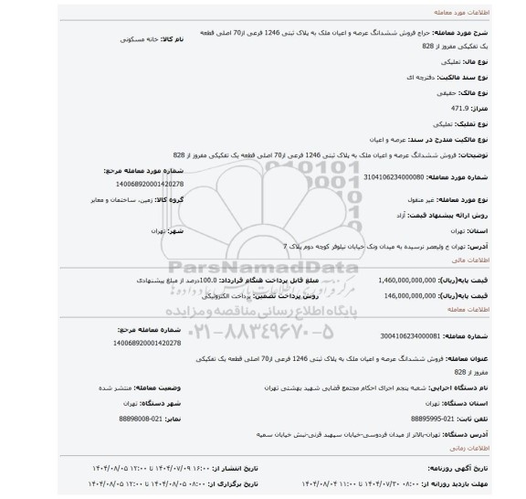مزایده، فروش ششدانگ عرصه و اعیان ملک به پلاک ثبتی 1246 فرعی از70 اصلی قطعه یک تفکیکی مفروز از 828