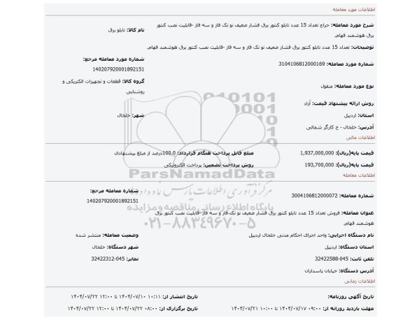 مزایده، تعداد 15 عدد تابلو کنتور برق فشار ضعیف نو تک فاز و سه فاز -قابلیت نصب کنتور برق هوشمند فهام.