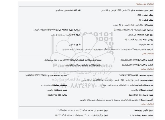 مزایده، پلاک ثبتی 1216 فرعی از 40 اصلی